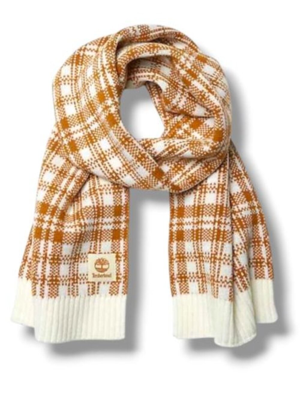Timberland White and Tan Plaid Knit Scarf